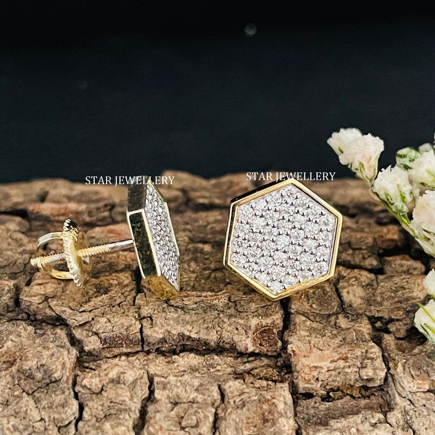 14K Solid Gold Diamond Geometric Hexagon Earring