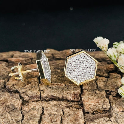 14K Solid Gold Diamond Geometric Hexagon Earring