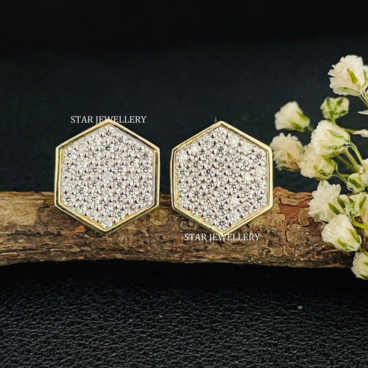 14K Solid Gold Diamond Geometric Hexagon Earring