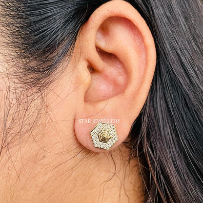 14K Solid Gold Pave Set Diamond Geometric Earring