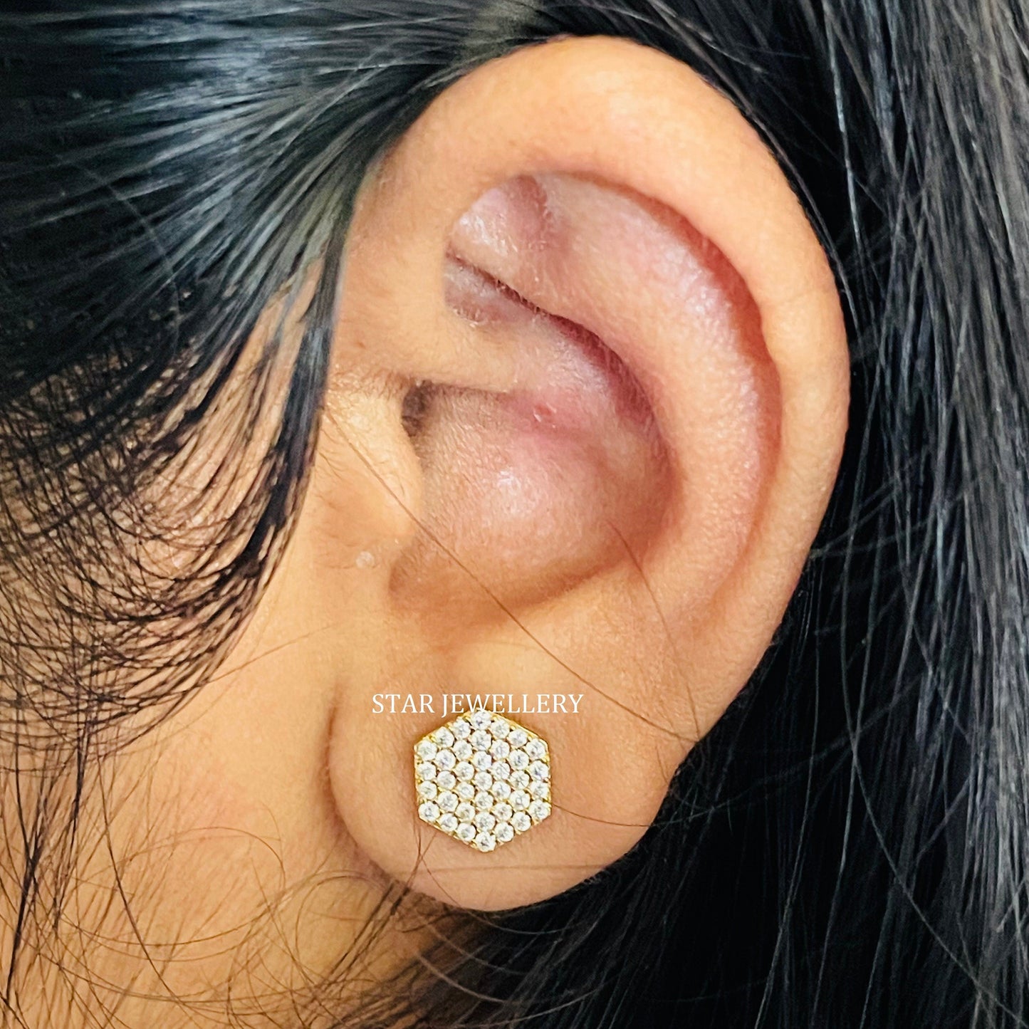 14K Solid Gold Pave Set Diamond Geometric Hexagon Earring