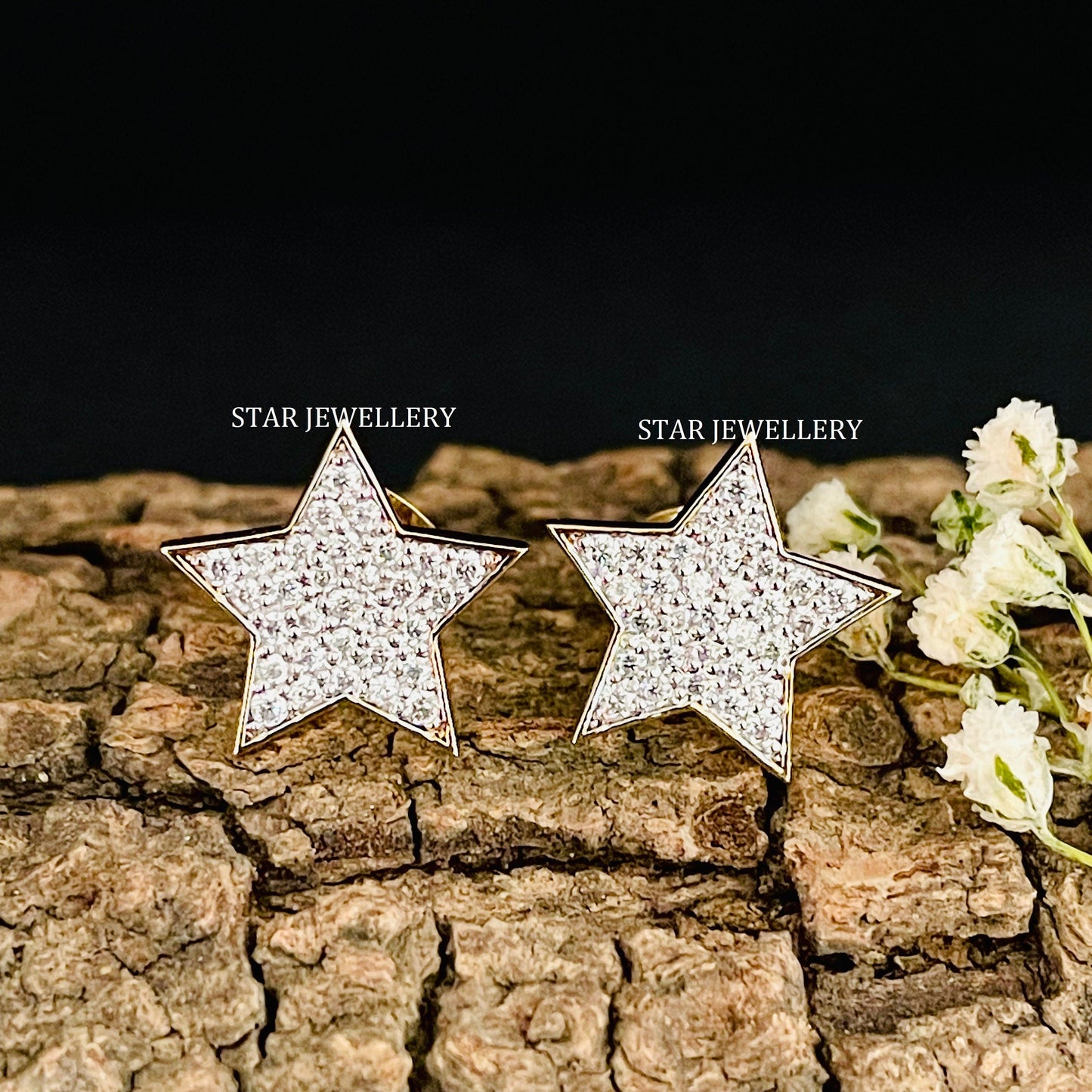 Natural Diamond Iced STAR Solid Gold Earring