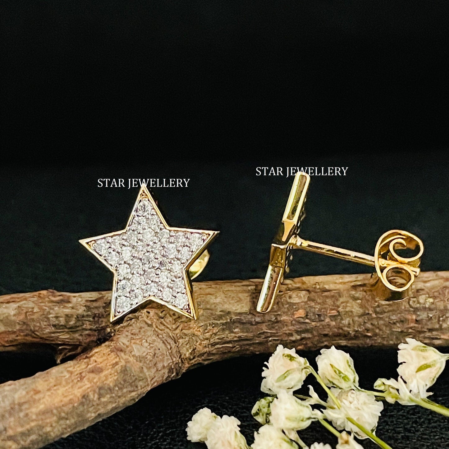 Natural Diamond Iced STAR Solid Gold Earring