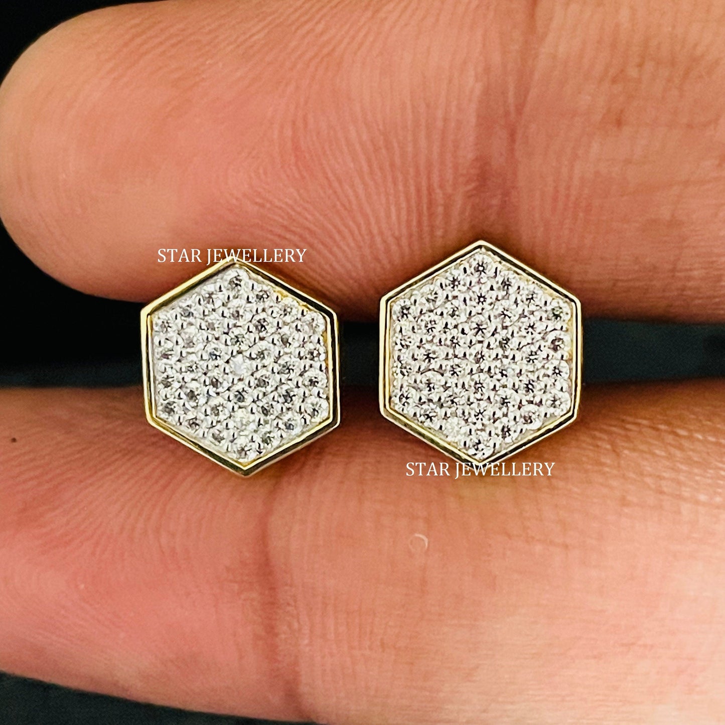 14K Solid Gold Diamond Geometric Hexagon Earring