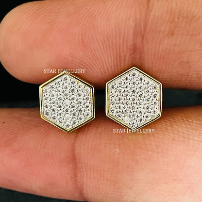 14K Solid Gold Diamond Geometric Hexagon Earring