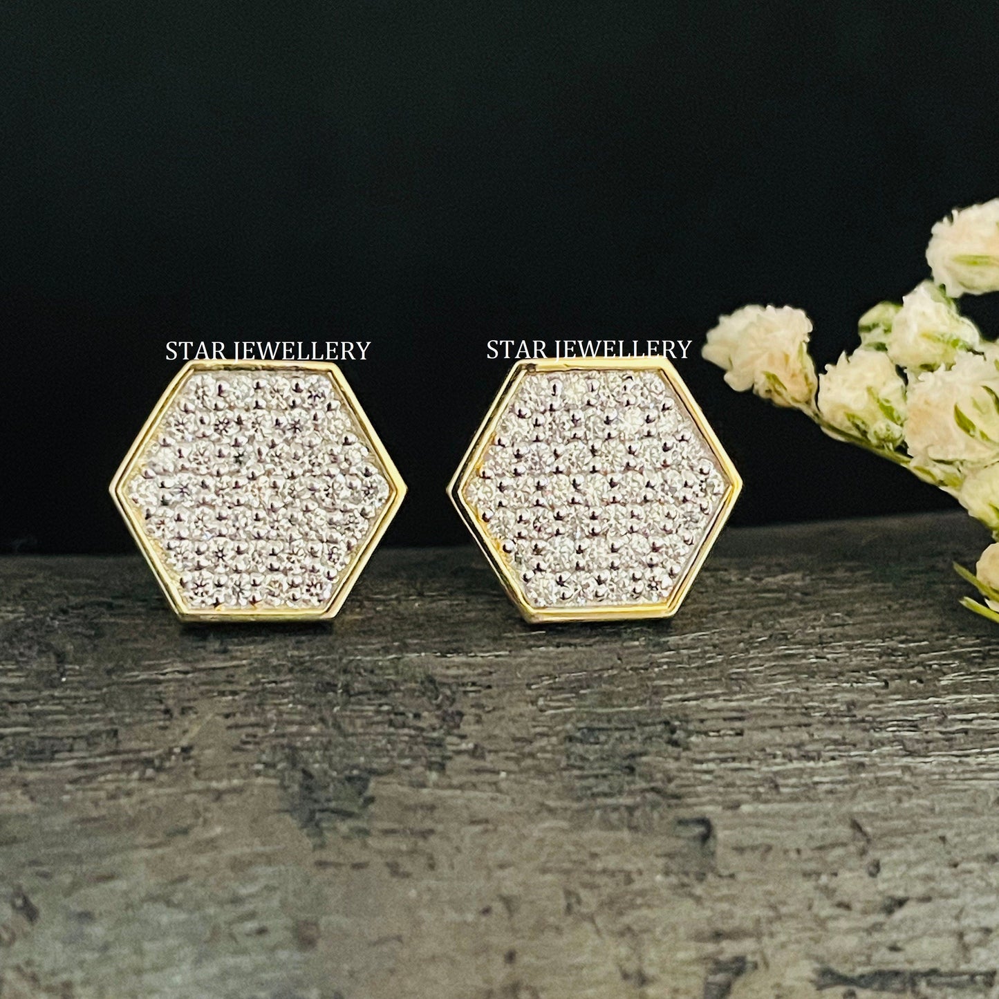 14K Solid Gold Diamond Geometric Hexagon Earring