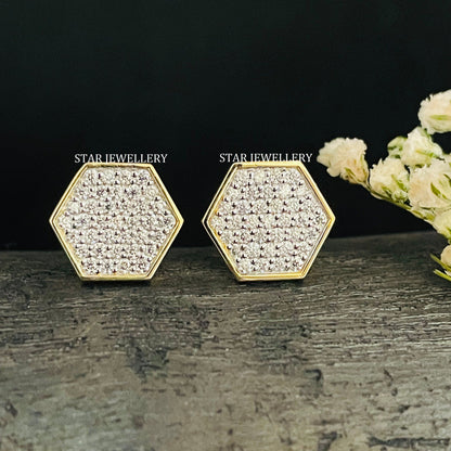 14K Solid Gold Diamond Geometric Hexagon Earring