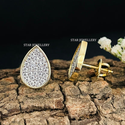 14K Solid Gold Pave Set Diamond Tear Drop Earring