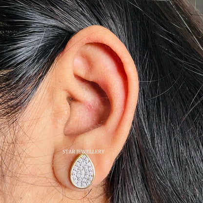 14K Solid Gold Pave Set Diamond Tear Drop Earring