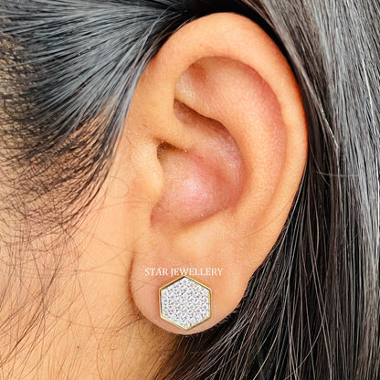 14K Solid Gold Diamond Geometric Hexagon Earring