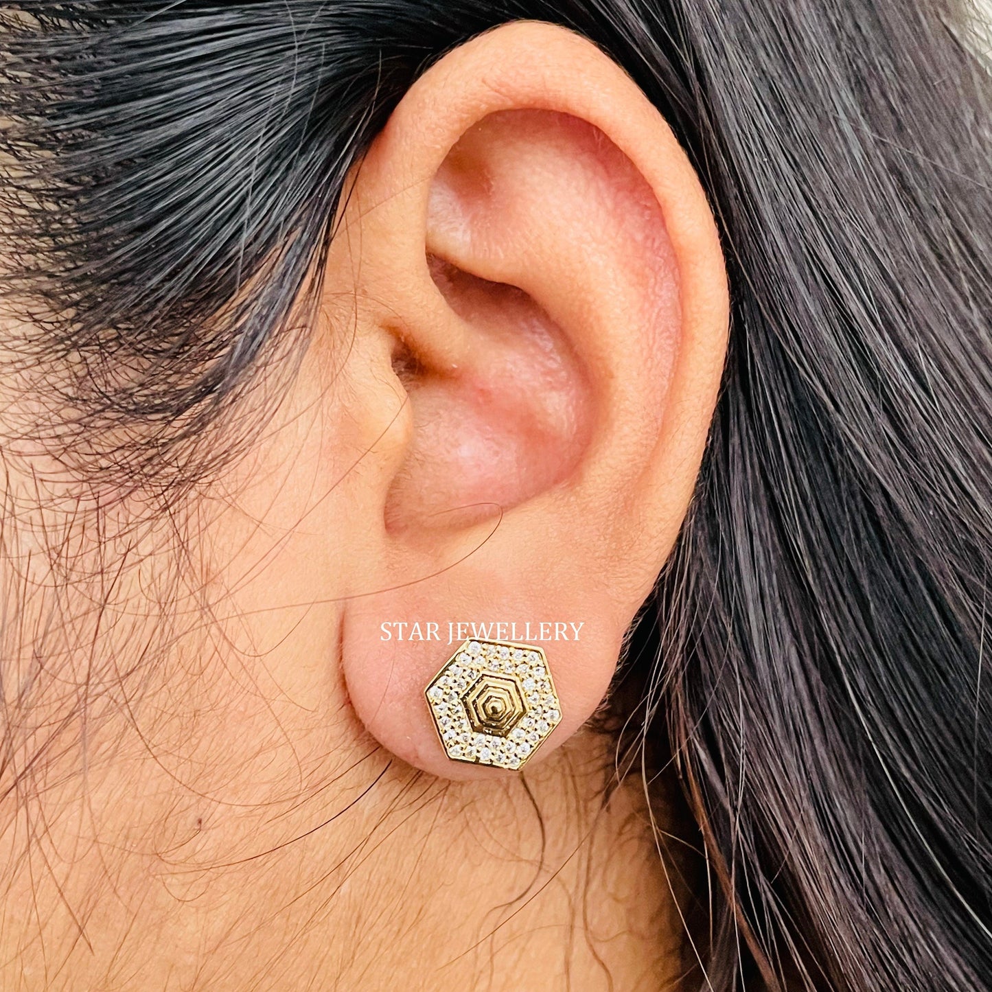 14K Solid Gold Pave Set Diamond Geometric Earring