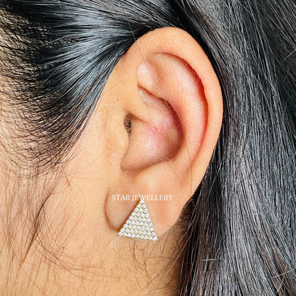 14K Solid Gold Pave Set Diamond Triangle Earring