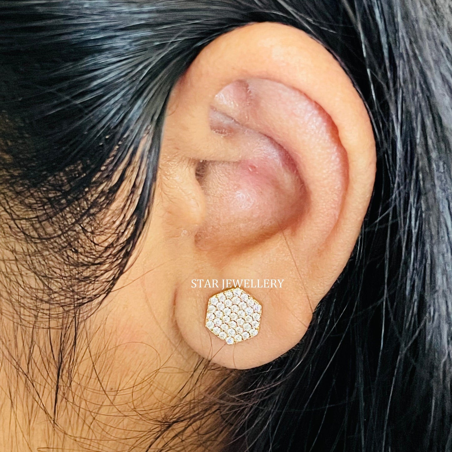 14K Solid Gold Pave Set Diamond Geometric Hexagon Earring
