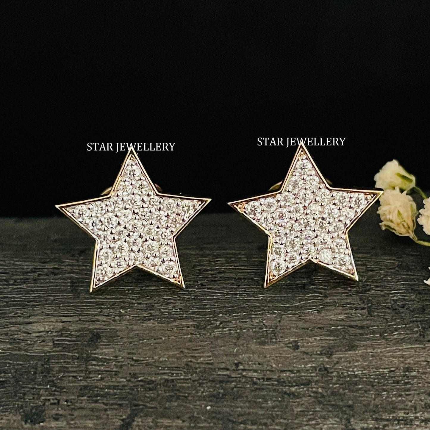 Natural Diamond Iced STAR Solid Gold Earring