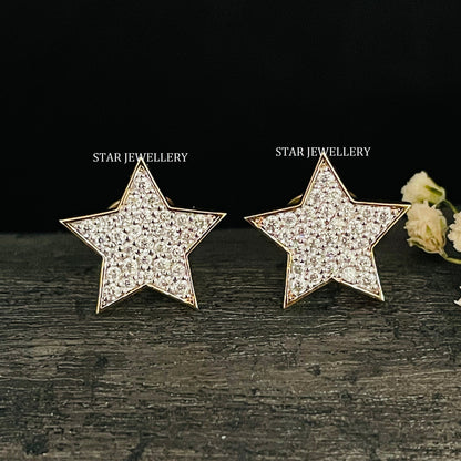 Natural Diamond Iced STAR Solid Gold Earring