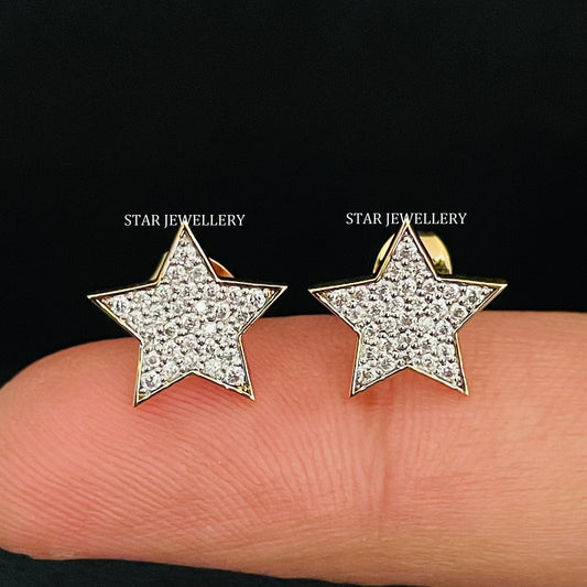 Natural Diamond Iced STAR Solid Gold Earring