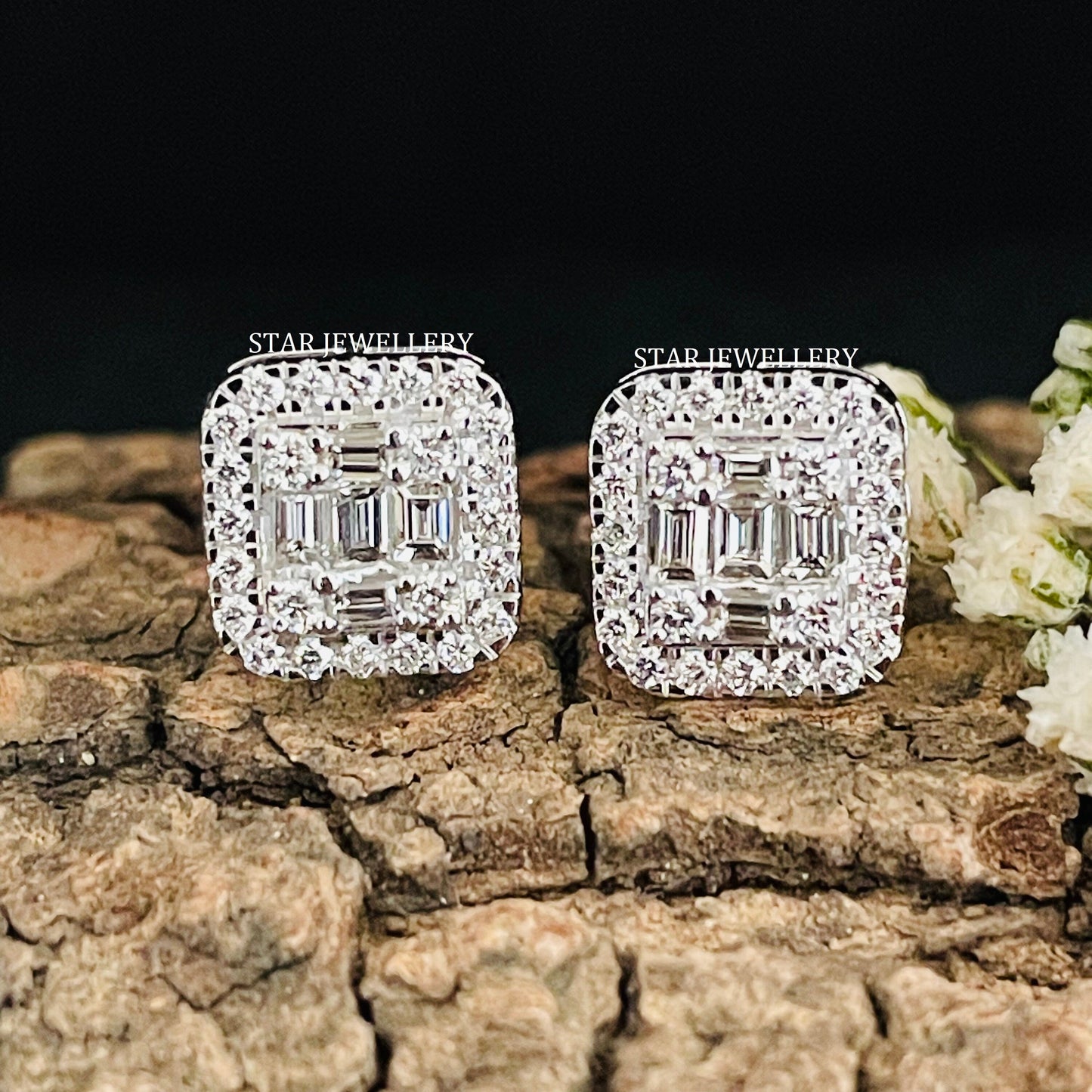 Emerald Shape Baguette Diamond Unisex Earrings