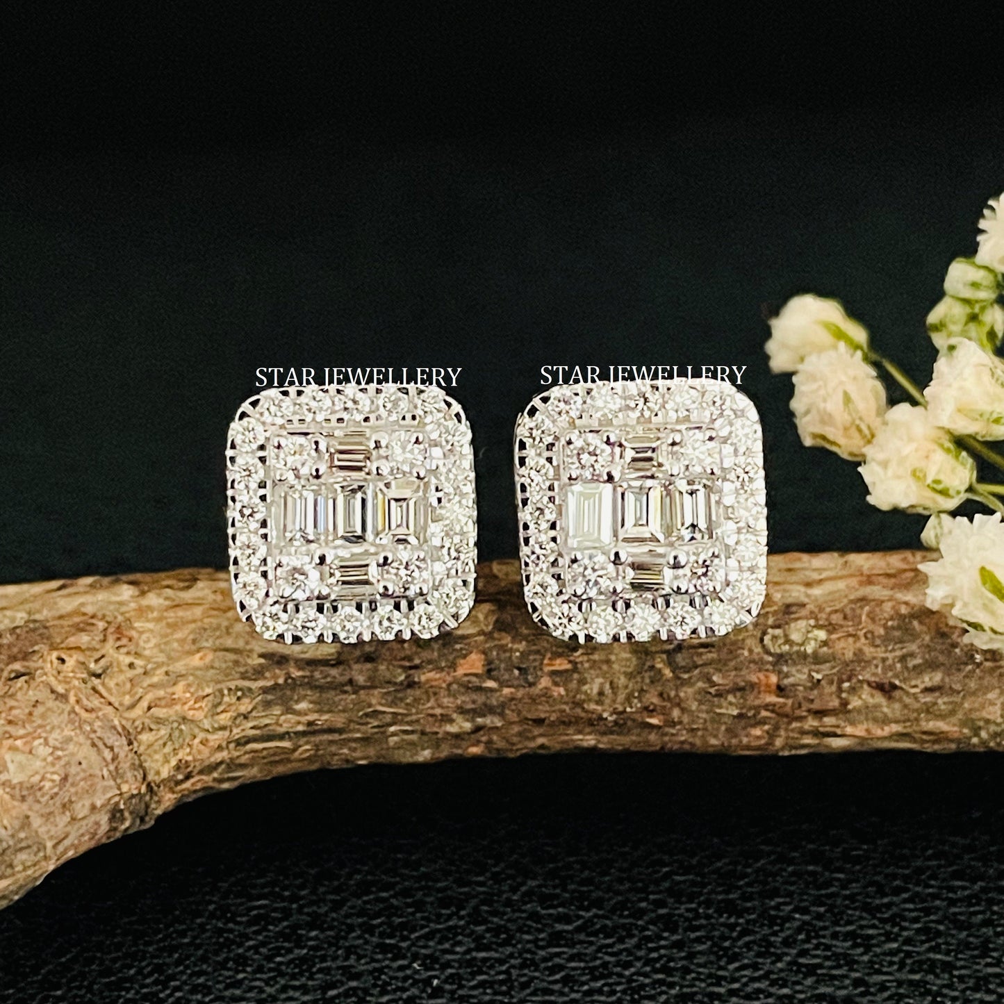 Emerald Shape Baguette Diamond Unisex Earrings