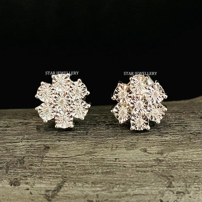 Natural Diamond Solid Gold Cluster Earring