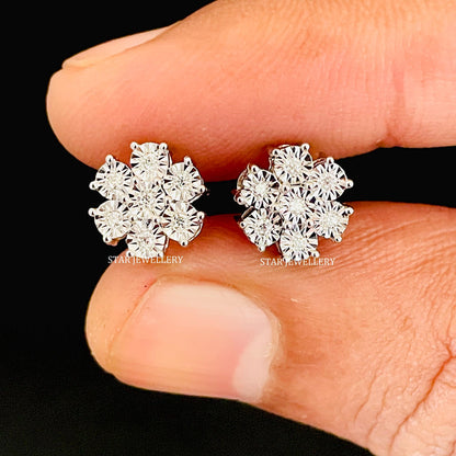 Natural Diamond Solid Gold Cluster Earring